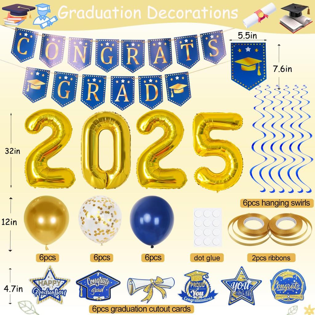 Graduation Decorations 2025, Blue and Gold Class of 2025 Decorations with Congrats Grad Banner and Hanging Swirls, 2025 Foil Number Balloons for