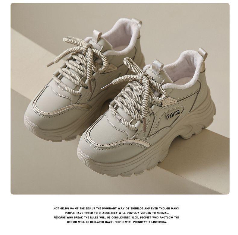Fleece-Lined Leather Women's Sneakers: Trendy, Lightweight, Height-Boosting Casual Winter Shoes