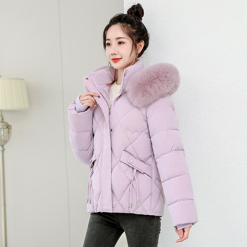 

Новое зимнее хлопковое пальто для женщин, короткое, модное, с большим меховым воротником, хлопковое пальто свободного кроя в корейском стиле, утолщенная однотонная куртка XXL фиолетовый