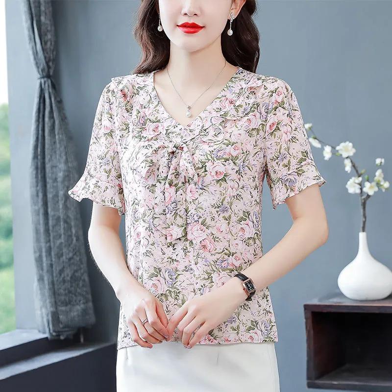 Kwiecista szyfonowa koszula z krótkim rękawem dla kobiet, letnia, nowa moda, wysokiej klasy, zagraniczny styl, wszechstronna i piękna koszula, top, lato
