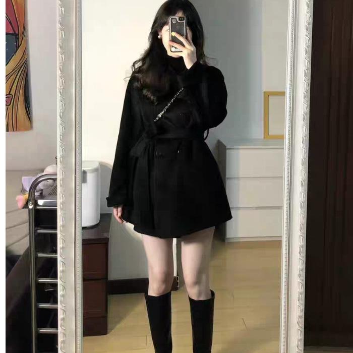 Abrigo de Lana Negro para Mujer - Principios de Invierno 2025, Petita, Elegante, Engrosado, Diseño Coreano