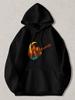Black Pullover Hoodie with Acoustic Guitar Forest Moon Graphic, Autumn Trees Reflection Design, Unisex Casual Sweatshirt for Music
