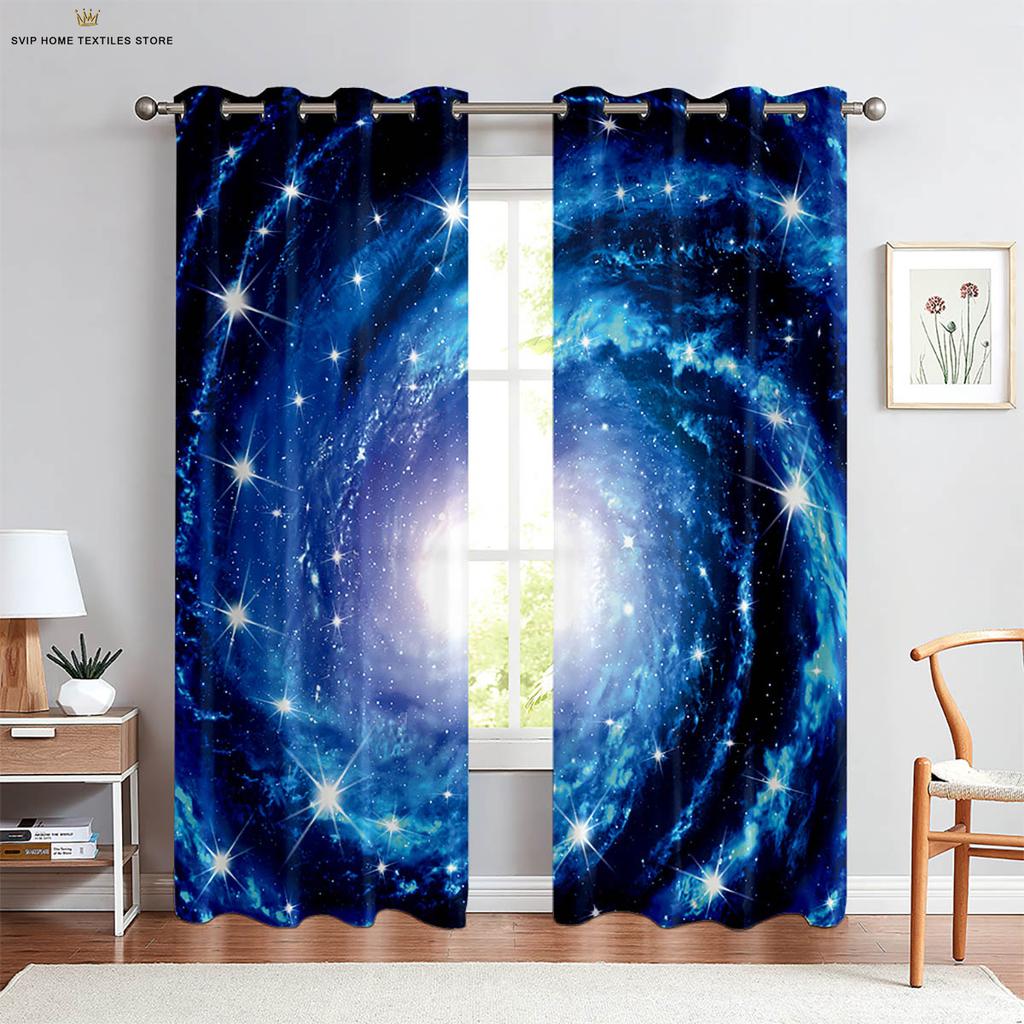 Dreamy Starry Sky Galaxy 3D Printed Curtains, Blackout, Heat Insulation, Living Room, Study, Bedroom, Home Decoration, 2 Pcs
