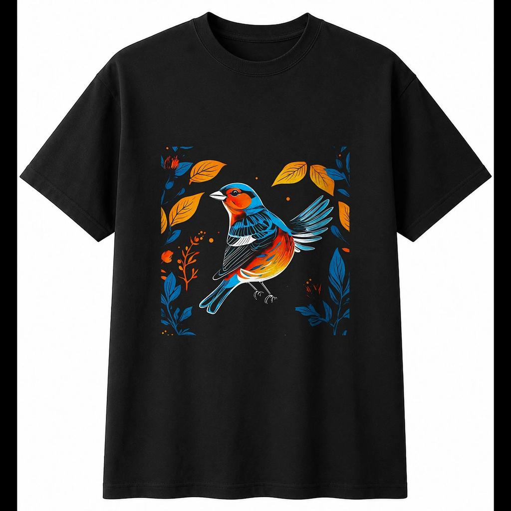 Psychedelic Chaffinch In Nature Mens T-Shirt Bird Black 100% Cotton Printed