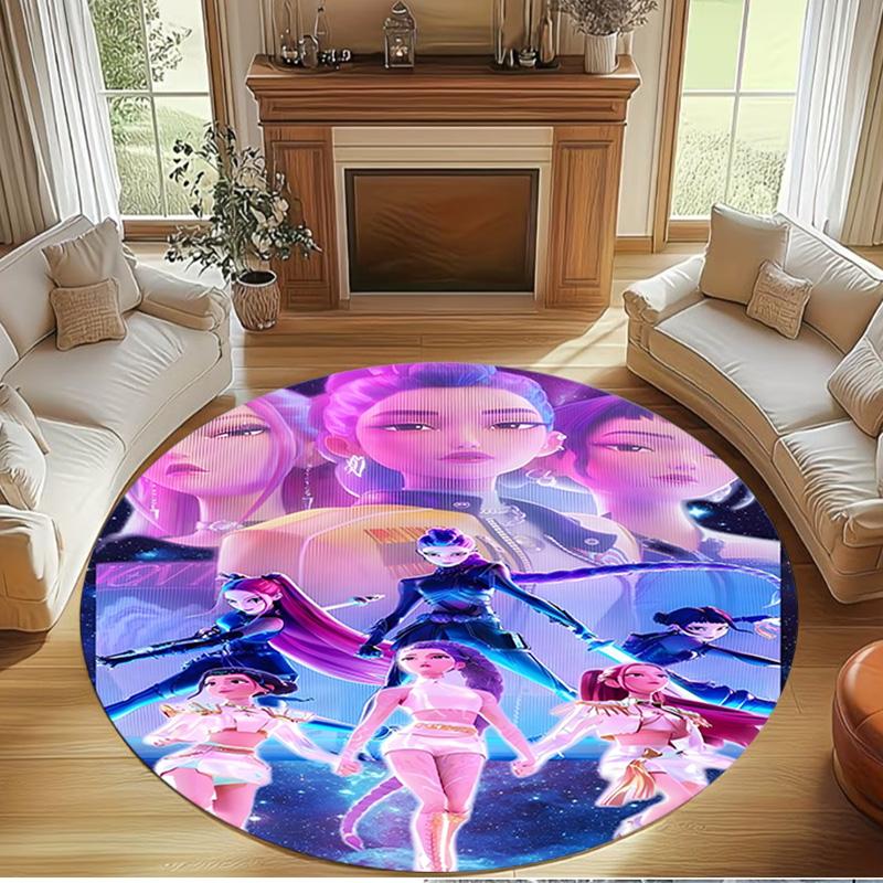 Tappeto Rotondo con Stampa KPop Demon Hunters, Tappeto da Pavimento Lavabile, Per Ingresso, Stanza del Dormitorio, Lavanderia, Ufficio, Studio, Decorazione per la Casa, Regalo di Compleanno Natale