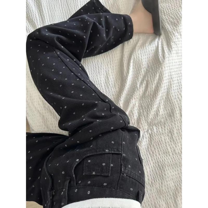Retro old polka dot straight jeans women's summer high waist loose and thin wide leg pants drape floor long pants