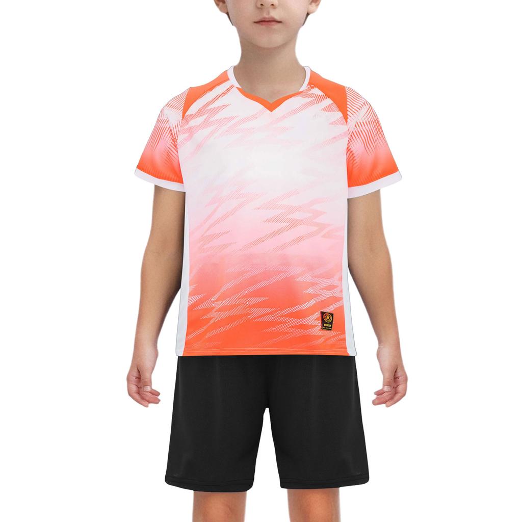Children‘s Football Training Outfit V-Neck Short Sleeve Patterned T-Shirt and Elastic Waistband Drawstring Shorts for Athletic Practice