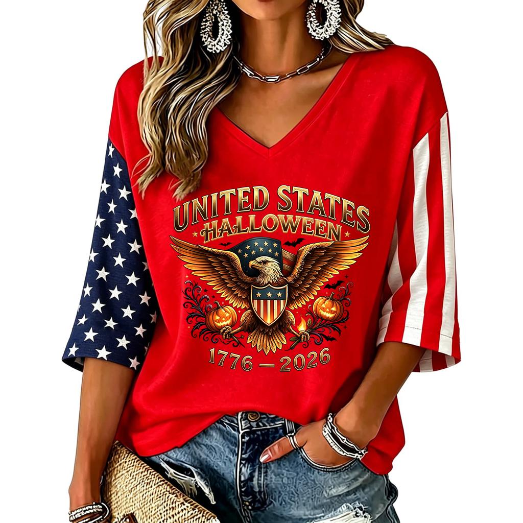 Women's V-Neck Halloween Print Three-Quarter Sleeve Casual Blouse