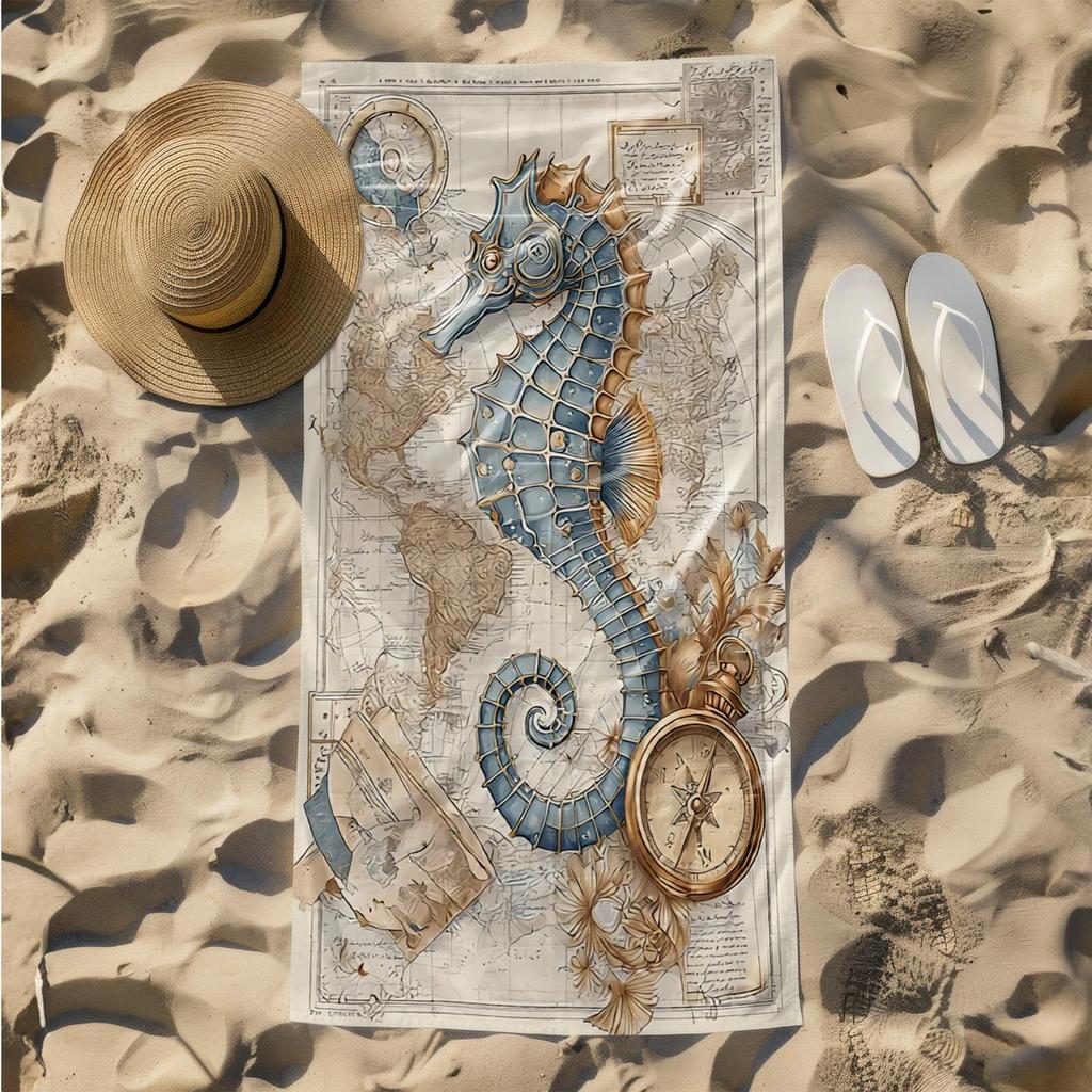 1pc Vintage Nautical Adventure - Seahorse and Compass Exploration 2D Printed Microfiber Beach Towel, quick dry super absorbent