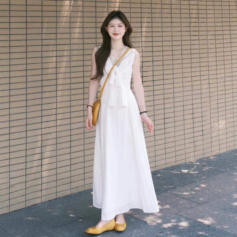 Sleeveless White Bow Long Dress Dress Women's New Great-looking Early Spring Beautiful Beautiful French Waist