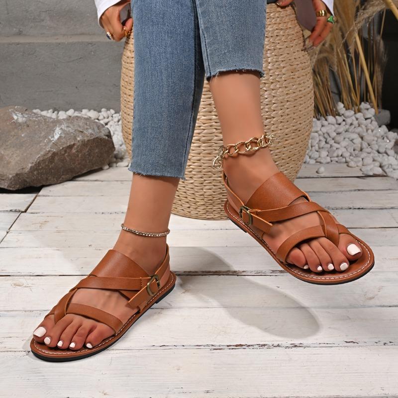 Mode Neuer Stil Damen Sandalen Damen Flache Absätze Zehensteg Lässige Römersandalen Sommer Knöchelriemchen mit Schnalle Weibliche Strandschuhe