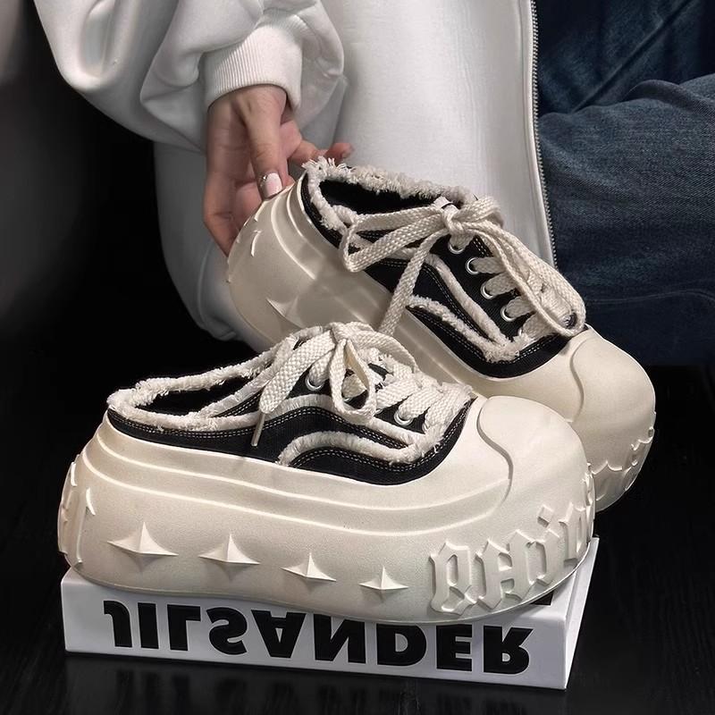 Denim Lace-up Bread Shoes Spring and Summer Muffin Thick-soled Bag Head Half Slippers Women's Height-increasing Casual Sports Shoes Outer Wear