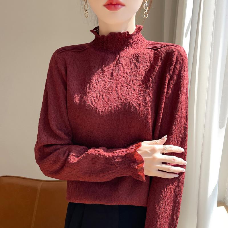 New Autumn and Winter Style Small-scented Style Lace Earrings Half-high Neck Bottoming Shirt for Women Super Fashionable Sweater Underwear