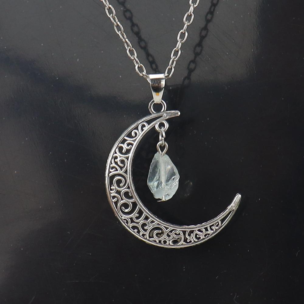 Hollow Moon Natural Rough Stone Crystal Pendant Necklace Amethyst Pendant Couple Necklace N597