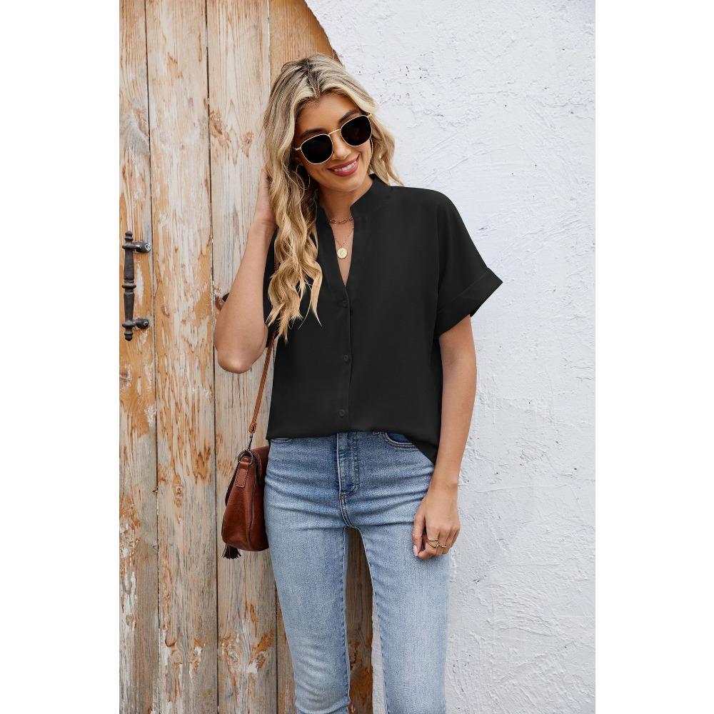 Sommer Neue Einfarbig V-ausschnitt Lose Kurzarm Button-Down Chiffon Hemd