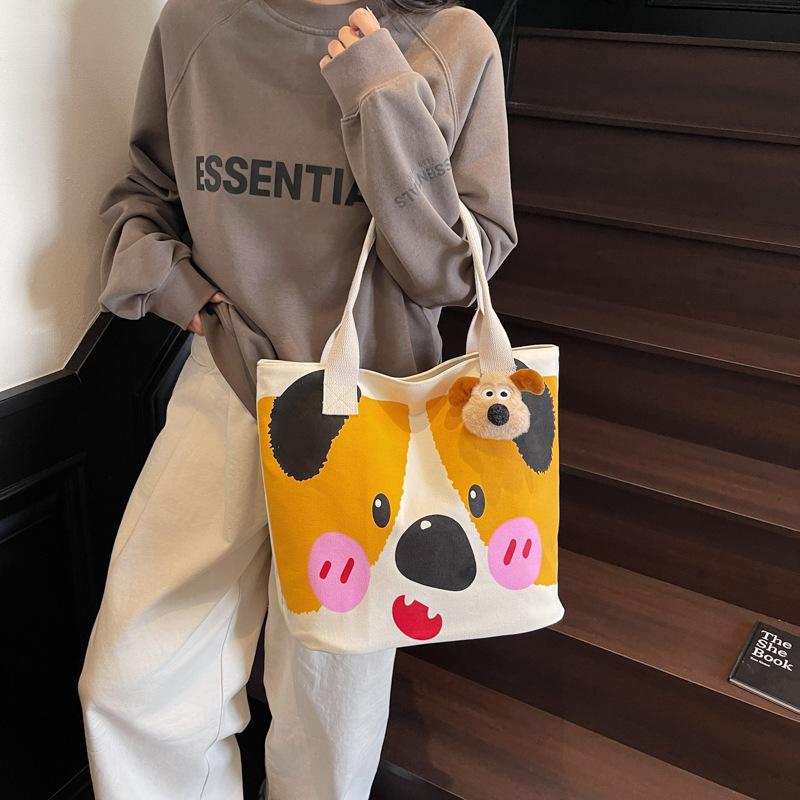 Canvas Bag Women's Large Capacity 2025 New Spring and Summer Versatile Shoulder Bag Casual Cartoon Student Class Tote Bag