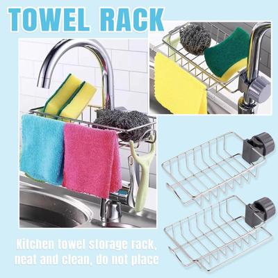 Polici na kohoutek Nerezová ocel Bez vrtání Nastavitelný Stojan na odkapávání kuchyňského dřezu Držák na ručníky a hadry