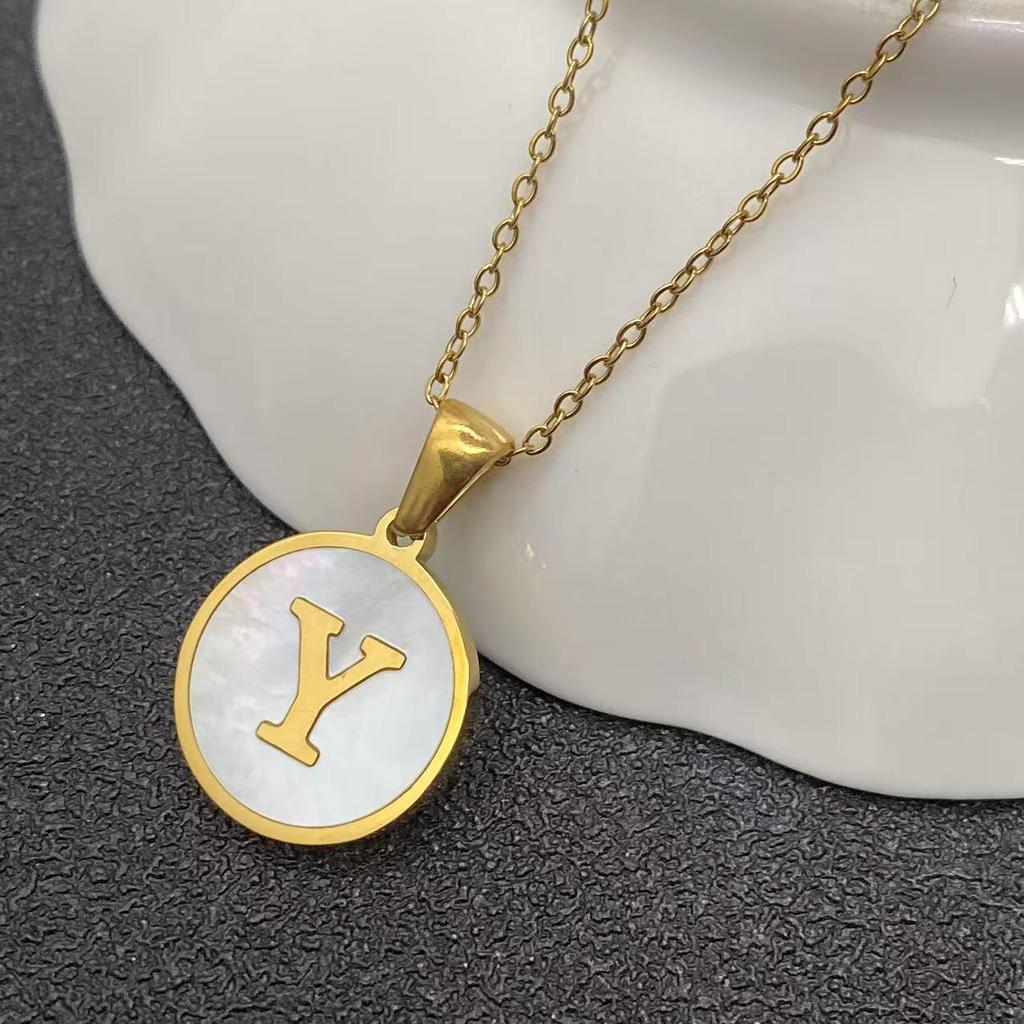 White Stainless Steel Small Round Tag Necklace - 26 Letters, Women's Cold Style Fashion, Versatile Light Luxury, 2025 Collection.
