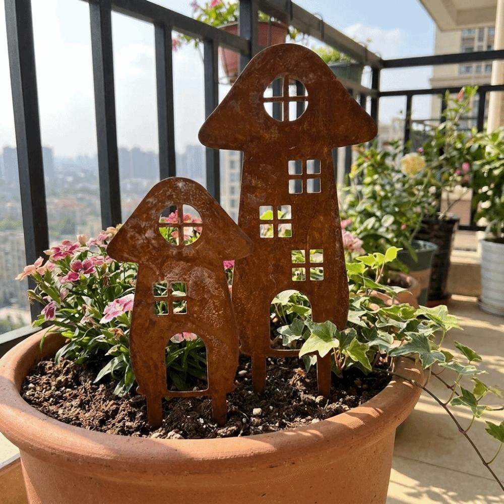 Metal Mushroom Garden Inserts Retro Style Handmade Garden Decoration Pile Mushroom House-Shaped Rusty Mushroom Plaque Patio