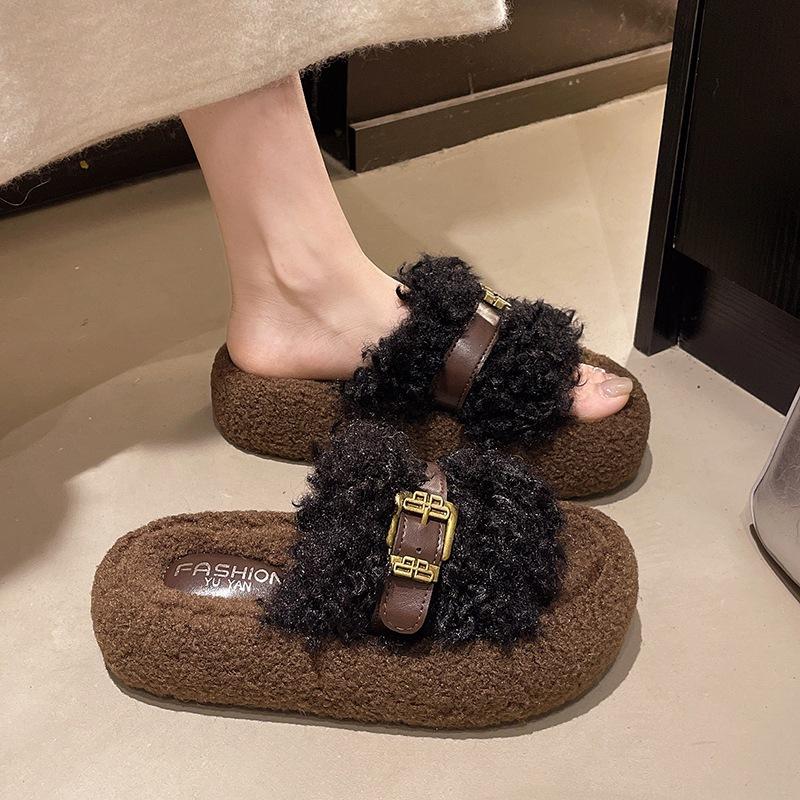Winter fluffy slippers flat-bottomed non-slip one-word slippers wear thick-soled ins home cotton slippers