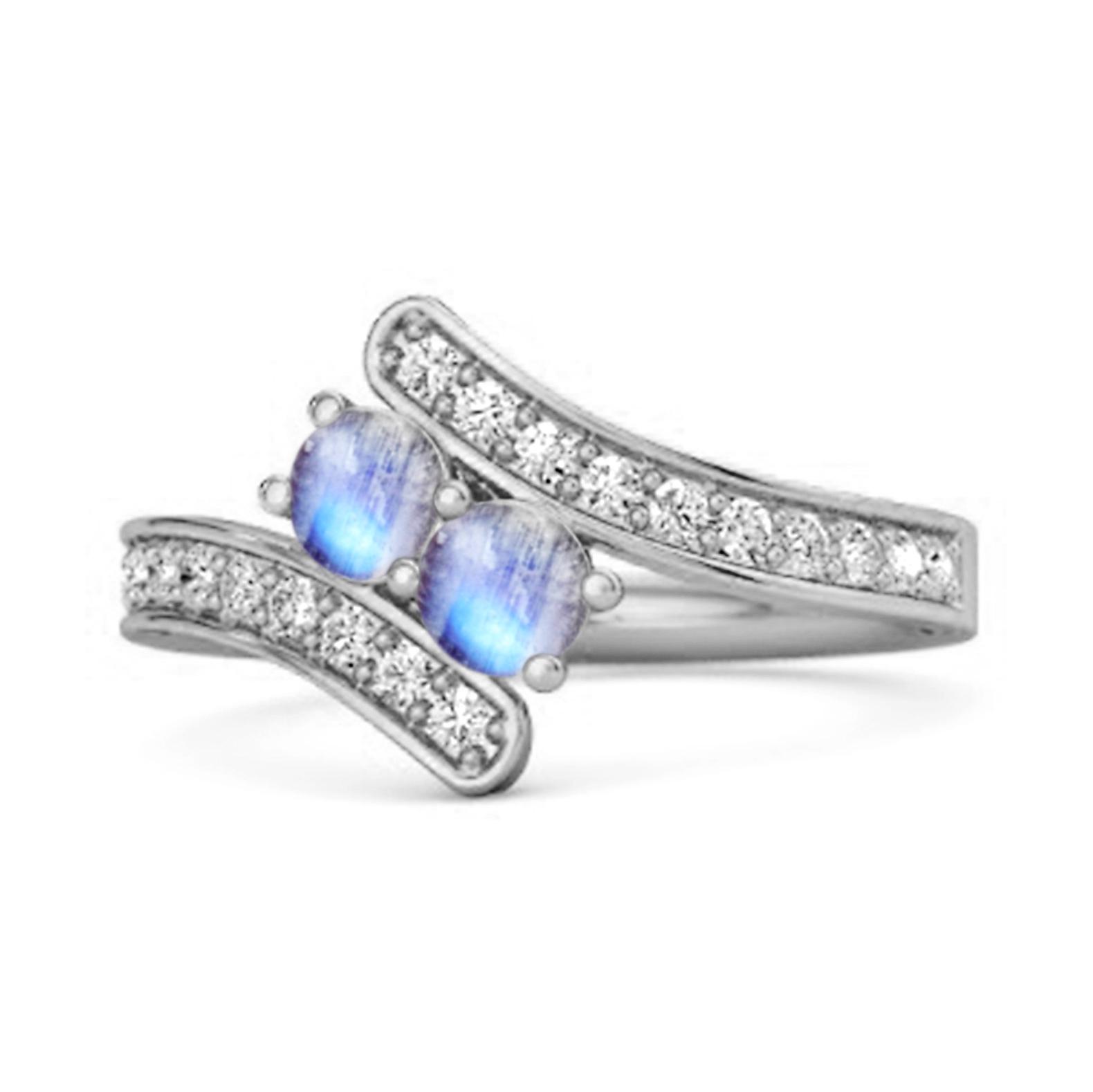 Moonstone Twin Stone Pave Bypass Ring - 925 Sterling Silver 6