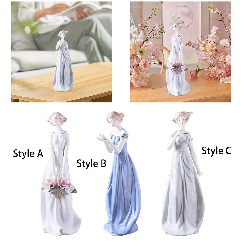 Porcelain Lady Statue Centerpiece Ornament Ceramic Girl Figurine for Living Room Shelf Fireplace Bedroom Housewarming Gift