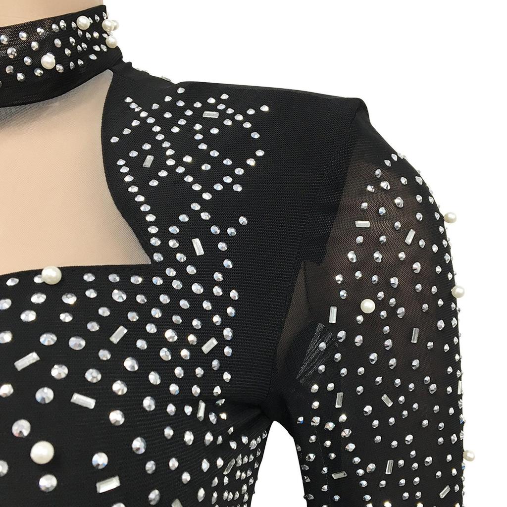European Sexy Rhinestone See-through Mesh Deep V Party Dress for Women