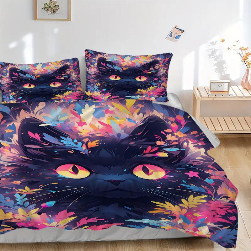 

3pcs Adorable Kitten Love Quilt Set Cartoon Themed Bed Quilt Set Lovely Character Bedroom Decor Bed Quilt Set Four Seasons (1 Cover + 2Pillowcase 135x200cm