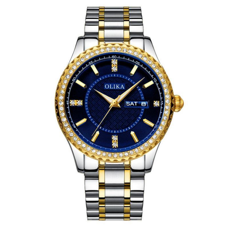 Top Marke Diamant Doppelkalender Uhr Herren Edelstahlarmband Herren Wasserdicht Quarz Leuchtanzeige Herren Businessuhr