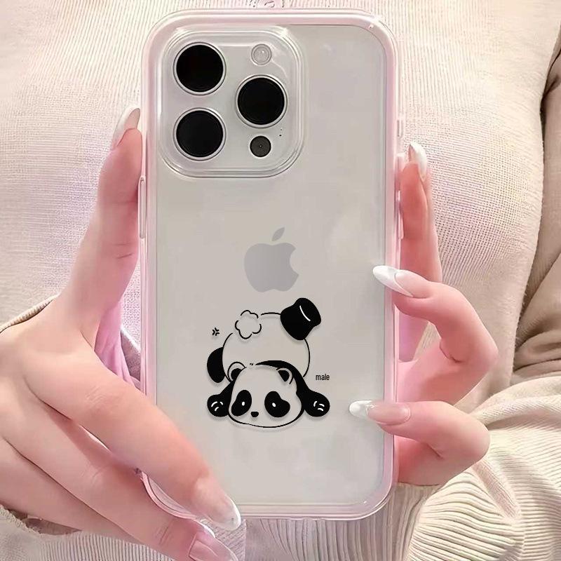 Panda Apple Phone Case for iPhone 16 Pro Max/17, Cute, Drop-proof, Large Hole Design, Transparent Soft Cover
