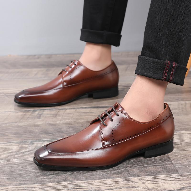 Pointed Toe Dress Shoes for Men Handmade Leather Modern Classic Lace Up Leather Lined Perforated Dress Oxfords Shoes