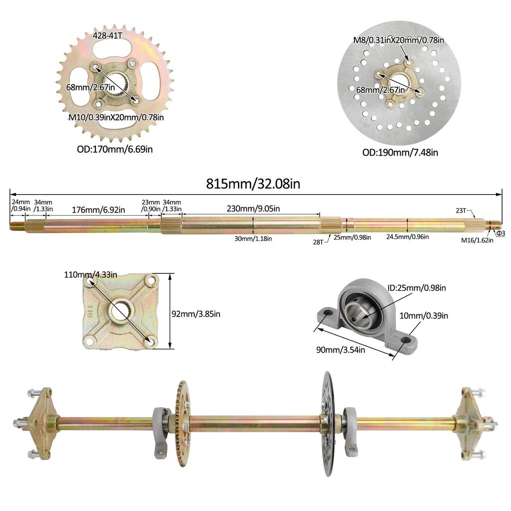 32" ATV Quad Go Kart Rear Live Axle Kit Sprocket Brake Wheel Hub Brake Assembly