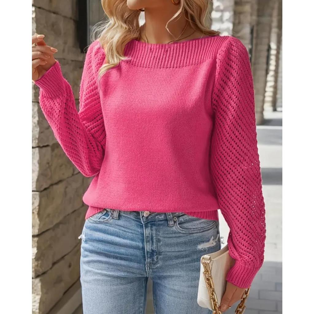 סוודר נשים סתיו ואביב צבע אחיד סריג חלול שרוולים ארוכים סוודר סריג פולאובר כתף אחת