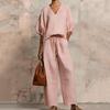 Yousheng Women's Casual 2 Piece Lounge Sets Puff Half Sleeve V Neck Top And Wide Leg Pants Travel Vacation Outfits with