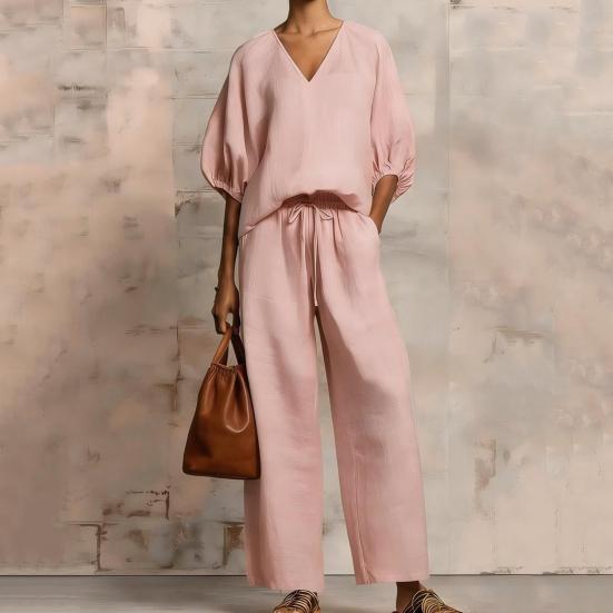 Yousheng Women's Casual 2 Piece Lounge Sets Puff Half Sleeve V Neck Top And Wide Leg Pants Travel Vacation Outfits with