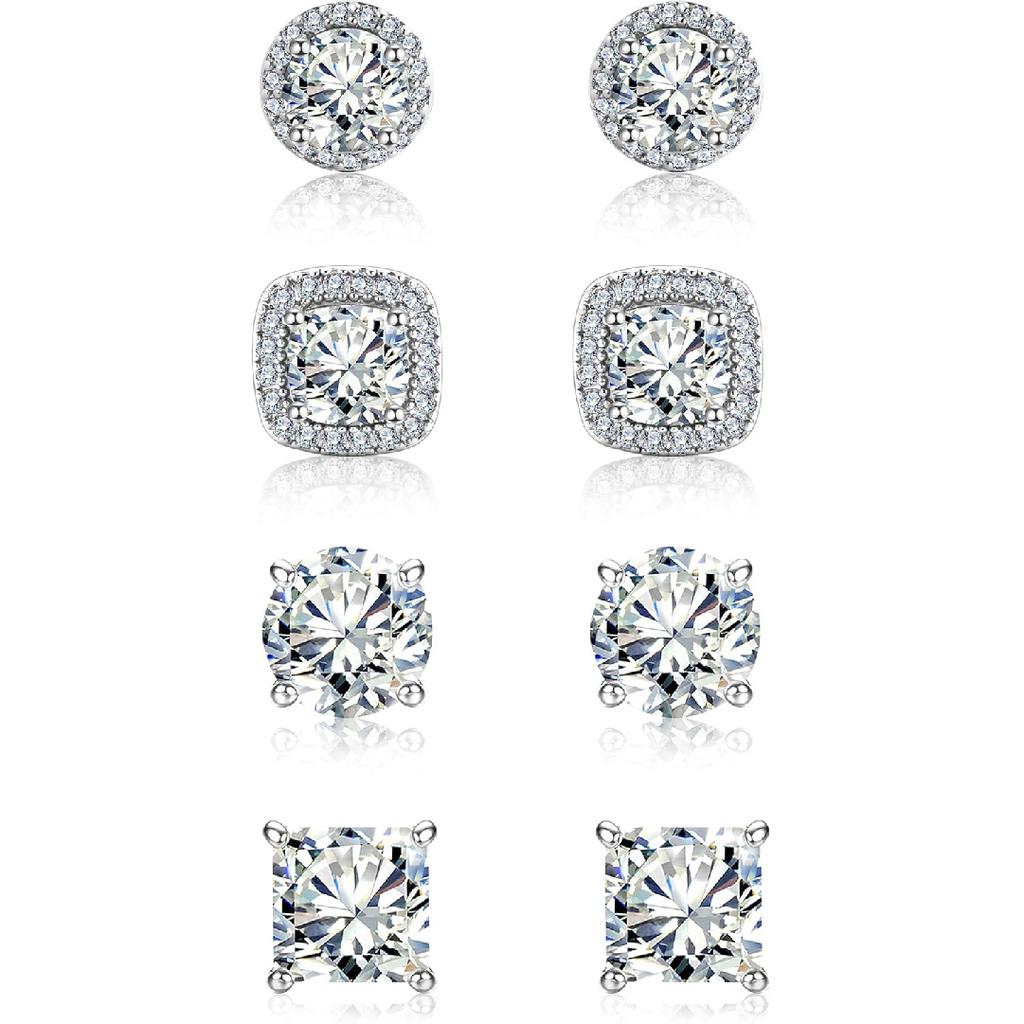 Hypoallergenic Silver Stud Earrings for Women Cubic Zirconia Halo Round Heart Square Diamond Large Silver Stud Set Earring