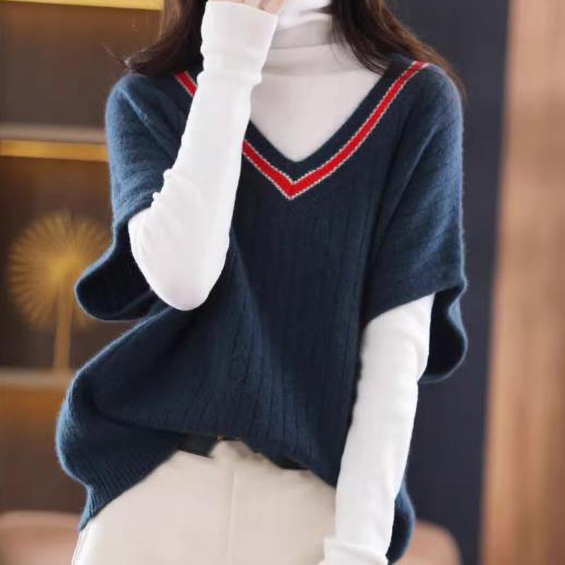 Women's Short Sleeve Knitted Vest Spring Fall Contrast V Neck Pullovers Jumper Loose Casual Ladies Gilet Sweater