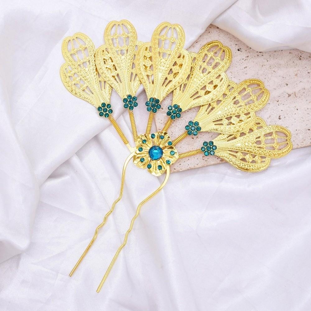 Metal Thai Style Leaf Hair Stick Golden Ethnic Headdress Jewelry Rhinestone Flower Hairpin Party