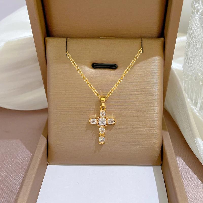 CAOSHI Trendy Cross Pendant Necklace Female Brilliant Zirconia Jewelry for Party Fashion Gold Color Accessories for Anniversary