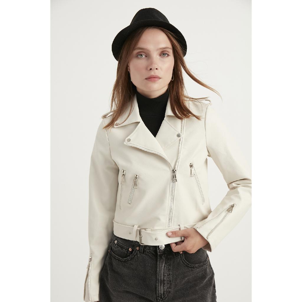 Jachetă de piele neagră cu fermoar pentru femei