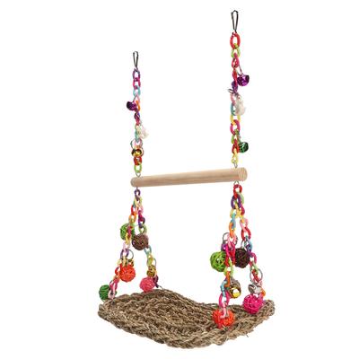 Bird Seagrass Swing Toys Colorful Rattan Balls Double Layer Parrot Climbing Hammock Swing with Wood