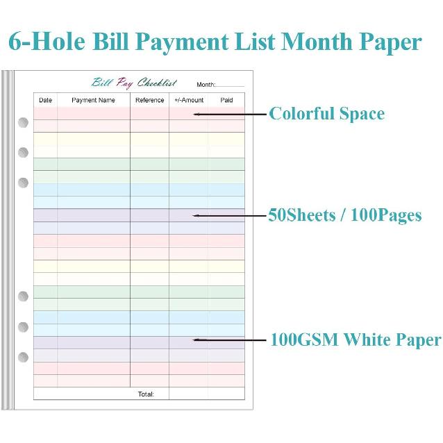 .com : Payment Checklist Refills - 50 Sheets/100 Pages Colorful Monthly Budget Forms for A5 Binder, 6 Hole Punched, 100 gsm White Paper, 5.8" x 8.3"
