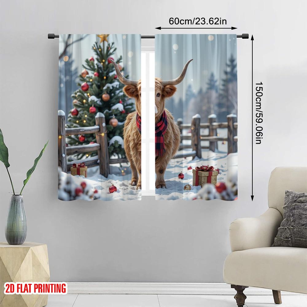 2pcs 2D Flat Printing Christmas Window Drapes Farm Christmas Scene Versatile Fabric Without Electricity Festive Holiday Perfect