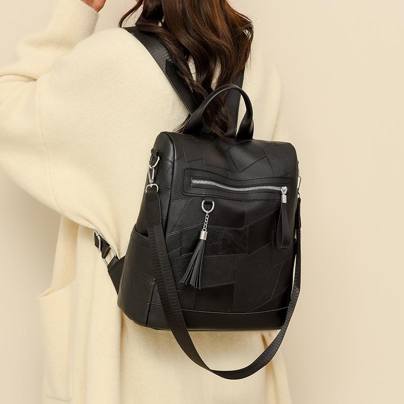 Women's PU Backpack with Patchwork Design Large Capacity Shoulder Bag for Daily Travel