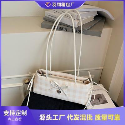 Bow Small Bag Women's Summer New Fashion Plaid Baguette Bag Summer Simple Commuter Shoulder Bag