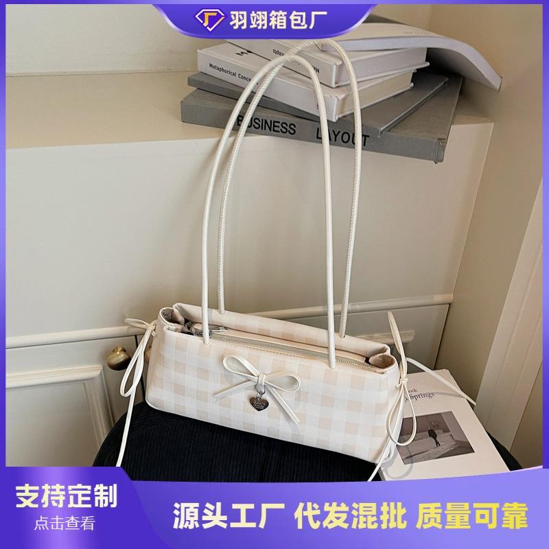 Bow small bag women's summer new fashion plaid baguette bag summer simple commuter shoulder bag