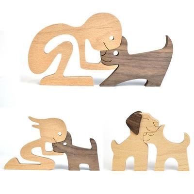 Wood Dog Table Ornament Sculpture Family Puppy Craft Figurine Desktop Carving Model for Dog Pet Lovers Home Office Decoration