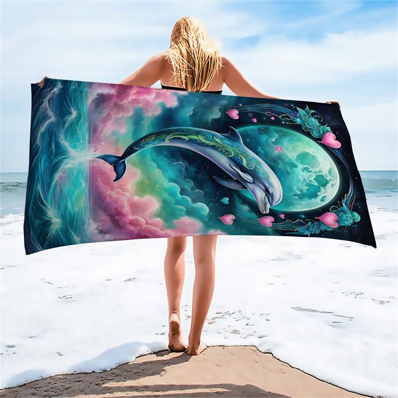 1PCMagical Moon Dolphin Beach Towel, Quick Dry Sand Free Oversized Microfiber Towel