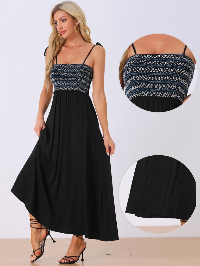 Allegra K Smock Dress, Sleeveless, Square Neck, Bohemian, Spaghetti Strap, Maxi Dress, Women's, Black, Size L