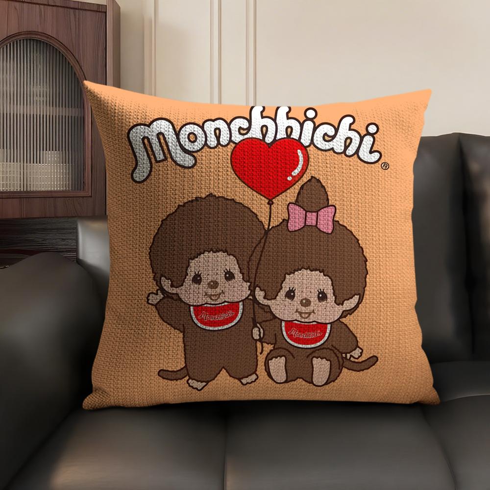 MMonchhichi cute Cushion Cover Natural Linen Organic Fabric DoubleSided Printing Sofa Home Decor Gift Pillow Case